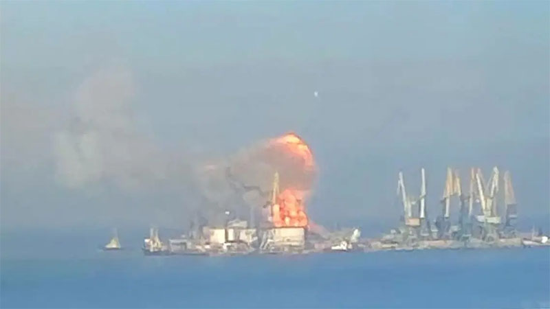 Plumes of smoke and flames in the port of Berdyansk in the Azov Sea